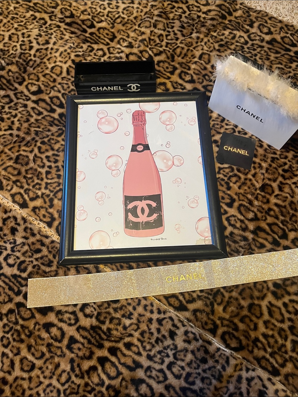 CHANEL Pink Champagne Bottle Wall Art with Black Frame